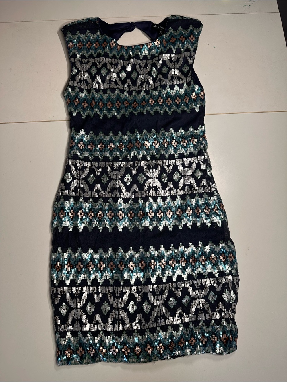 As U Wish Navy Sequin Patterned Mini Dress with Teal and Silver Accents